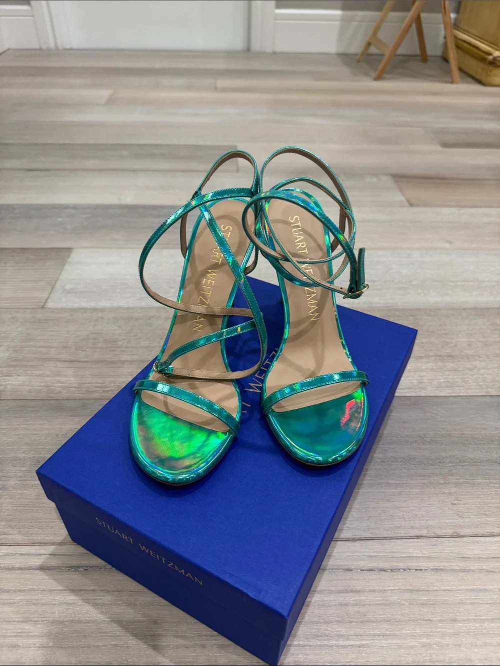 Stuart Weitzman: Brand New — Holographic Teal Strappy High Heel Sandals Size 9